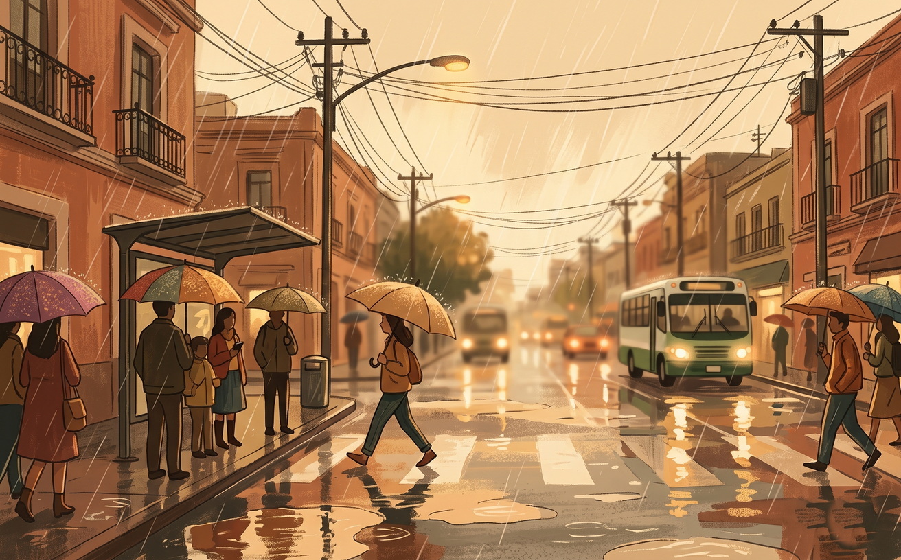 Calle de la Ciudad de México bajo lluvia, gente esperando el transporte
