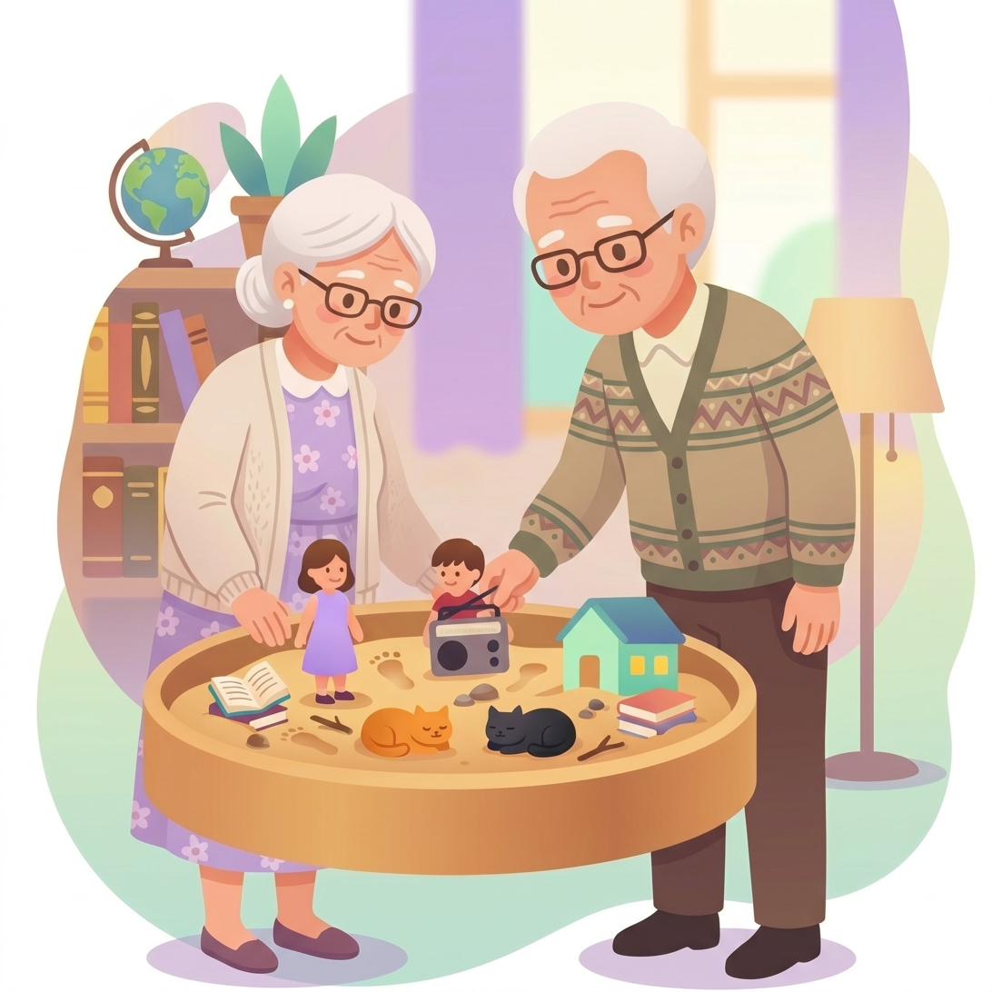 Una pareja de adultos mayores trabaja junta, con calma, en una caja de arena terapéutica con figuras de su historia de vida.